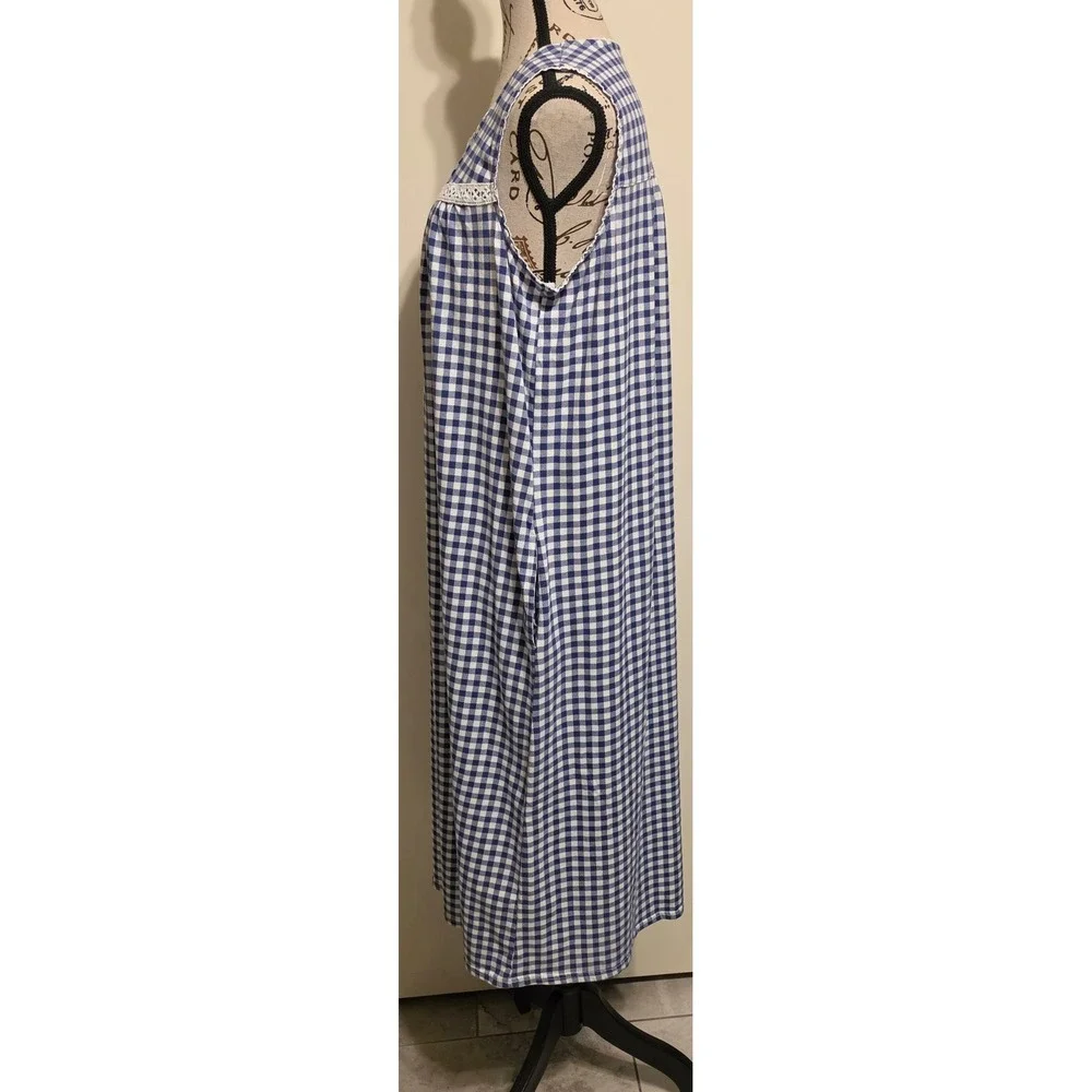 Croft & Barrow Blue White Gingham Sleeveless Nightgown Lace Trim Large